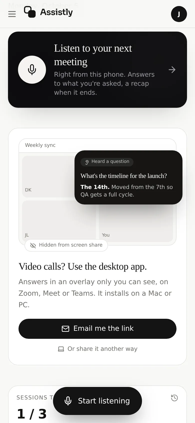 The Assistly web app on a phone, with a 'Listen to your next meeting' card at the top of the overview.