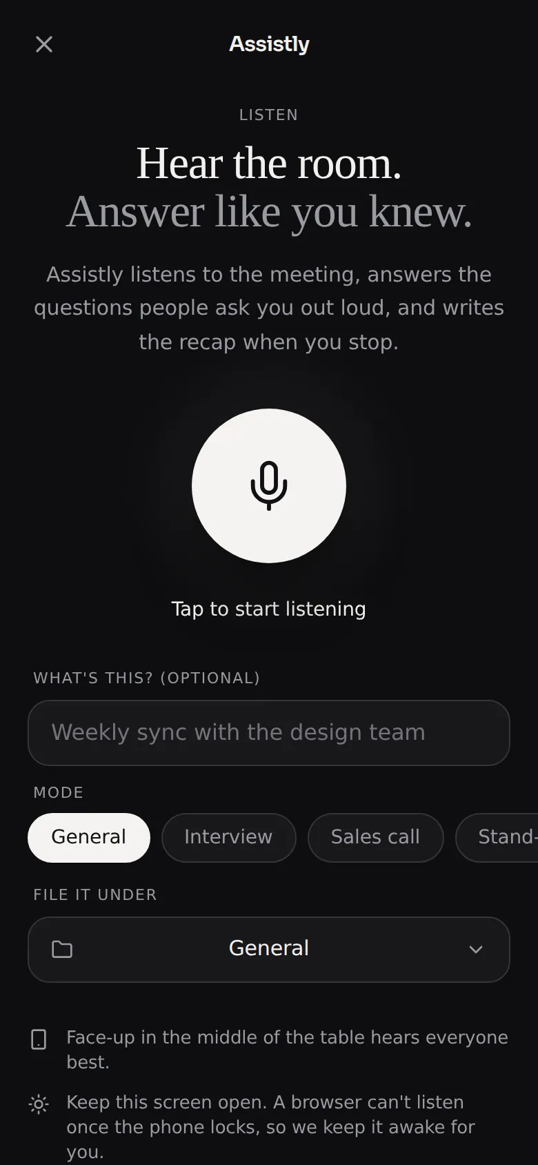 The listen screen: a large microphone button, an optional meeting name, and a mode picker.